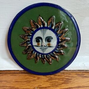 Mexican Talavera Round Ceramic Sun Face Tile Hand-Painted Folk Art Decor 5”